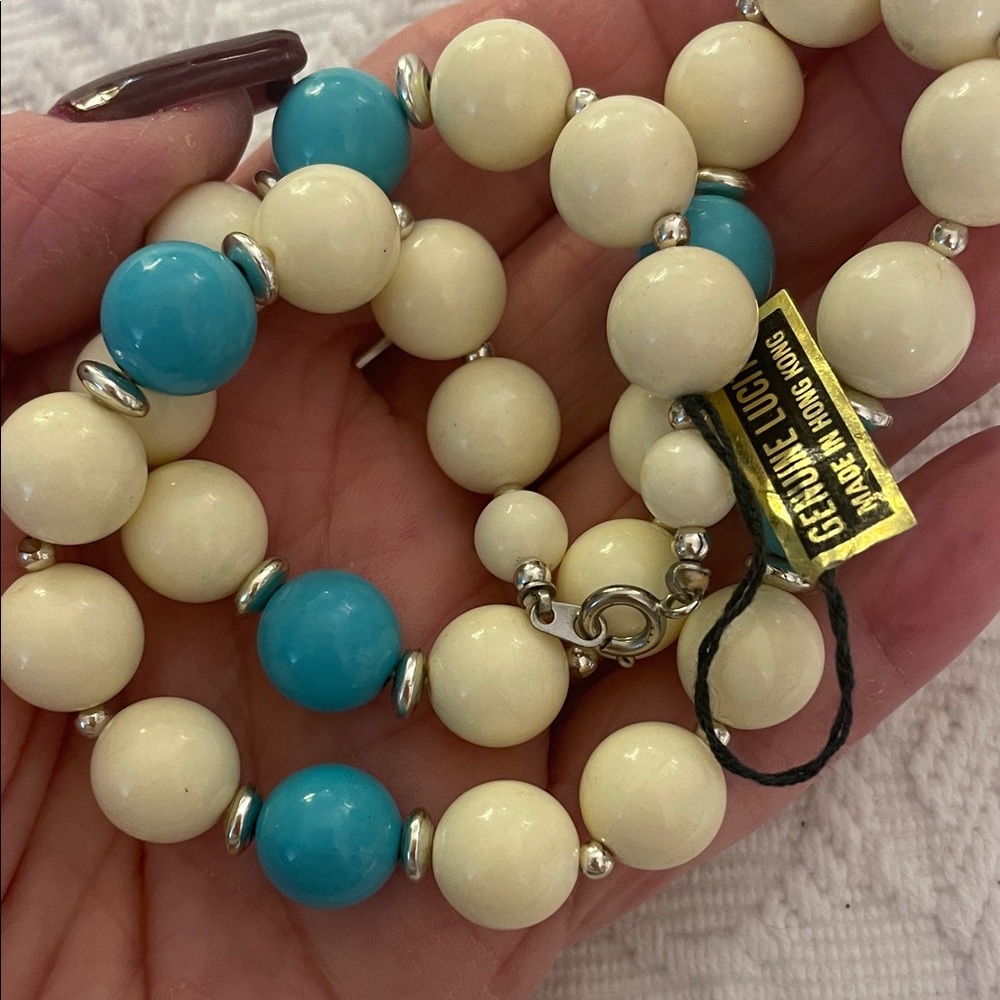 Genuine Lucite Cream and Blue Beaded Necklace w/tag from Hong Kong 1960